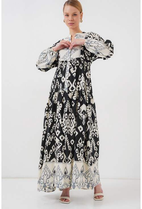 2423 Otantik Desenli Tesettür Elbise