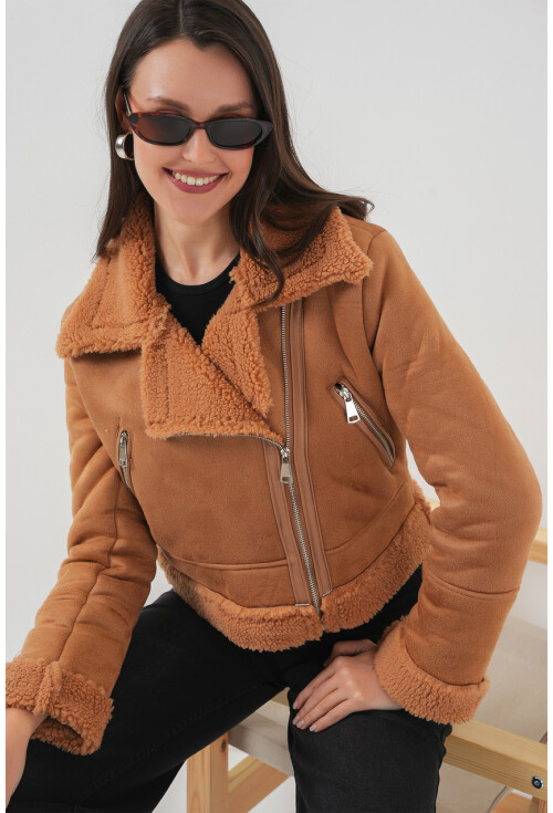 5155 Double-Breasted Faux Fur-Trimmed Leather Jacket