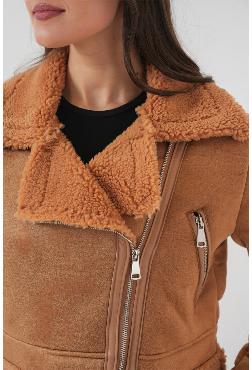 5155 Double-Breasted Faux Fur-Trimmed Leather Jacket