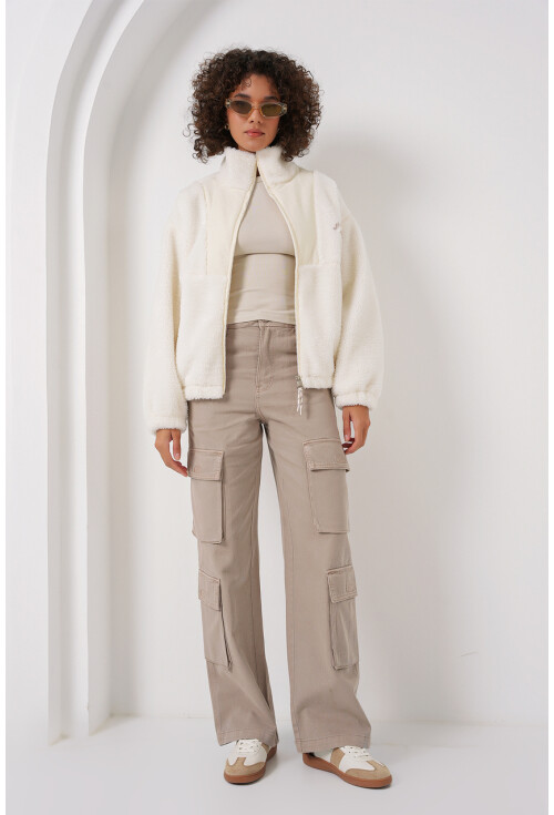 5194 Fermuarlı Ekru Peluş Ceket