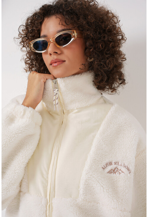 5194 Fermuarlı Ekru Peluş Ceket