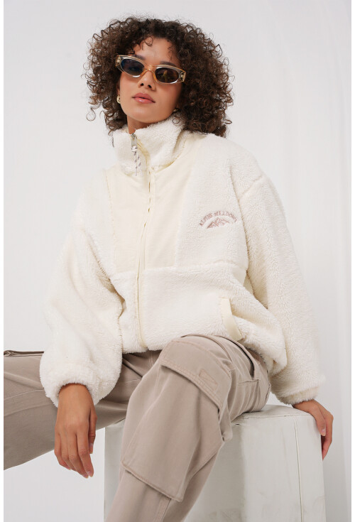 5194 Fermuarlı Ekru Peluş Ceket