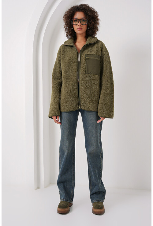 55446 Fermuarlı Oversize Peluş Ceket Mont