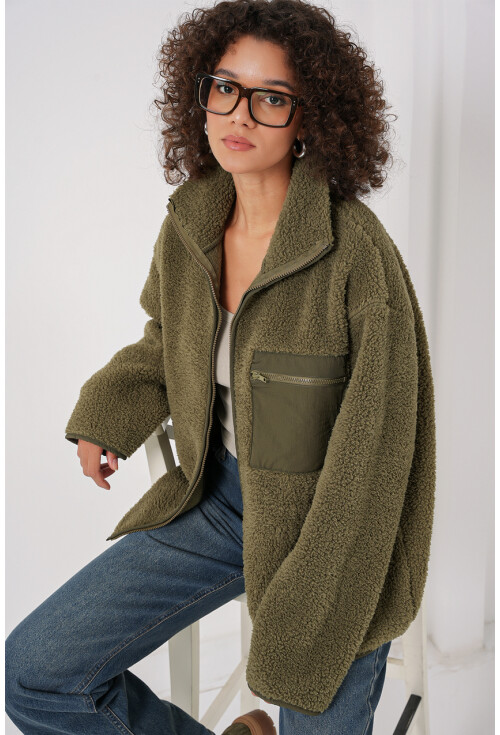 55446 Fermuarlı Oversize Peluş Ceket Mont