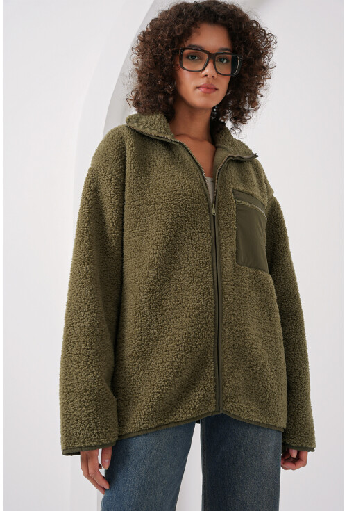 55446 Fermuarlı Oversize Peluş Ceket Mont