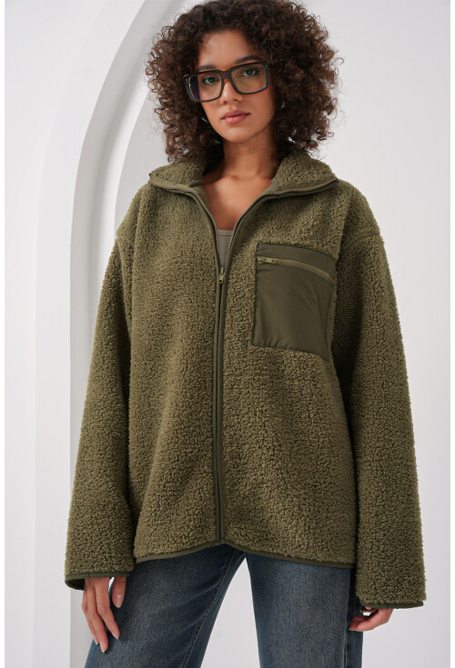 55446 Fermuarlı Oversize Peluş Ceket Mont