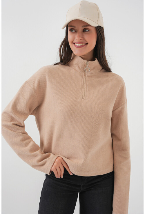 55449 Fermuarlı Yaka Örme Sweatshirt