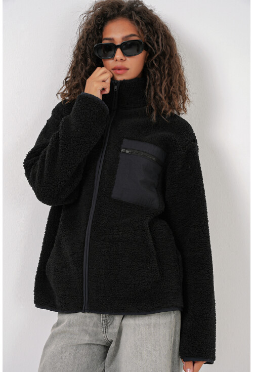 55455 Kadın Fermuarlı Oversize Peluş Ceket