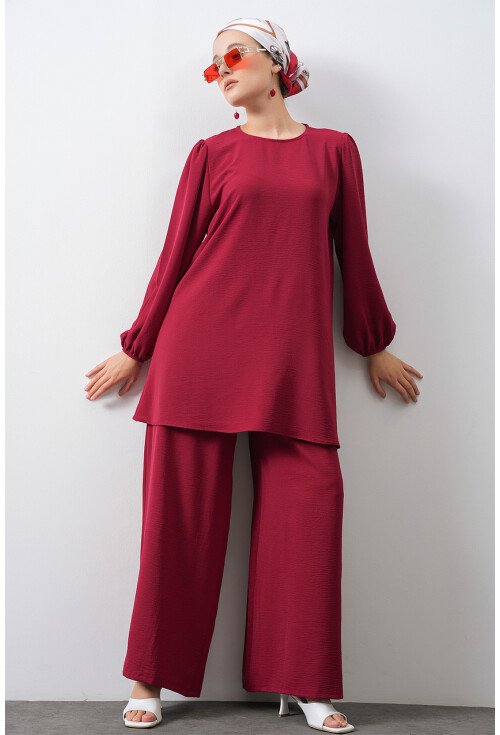 Kadın Bordo Ayrobin Tunik Pantolon Alt Üst Takım