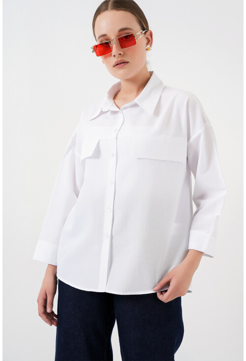 Kadın Cep Detaylı Oversize Gömlek 20313