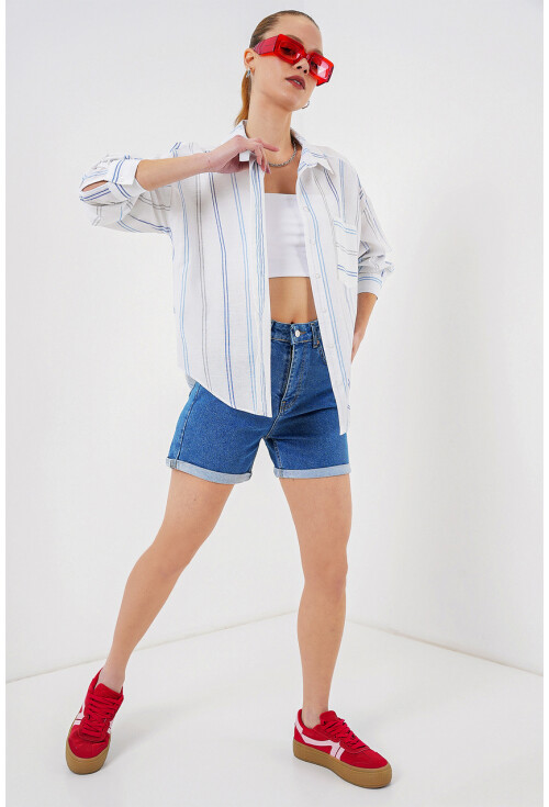 Kadın Çizgili Oversize Gömlek 20278