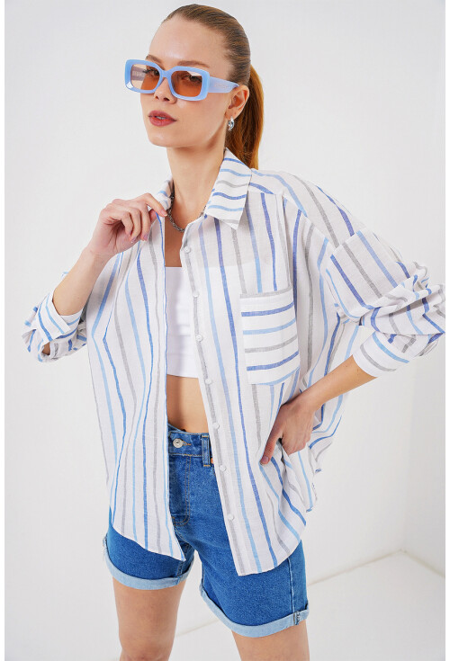 Kadın Çizgili Oversize Gömlek 20278