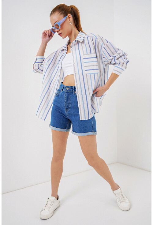 Kadın Çizgili Oversize Gömlek 20278