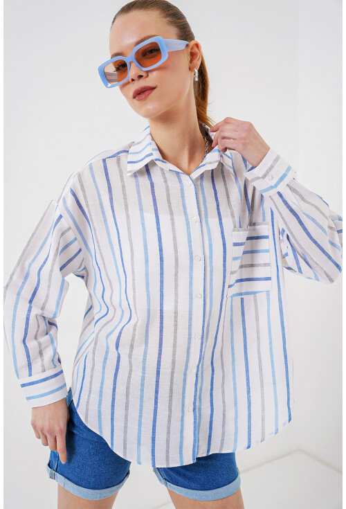 Kadın Çizgili Oversize Gömlek 20278