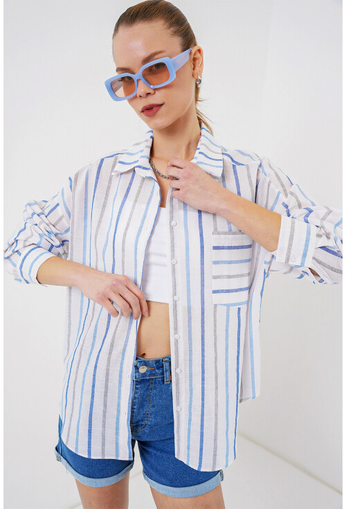 Kadın Çizgili Oversize Gömlek 20278