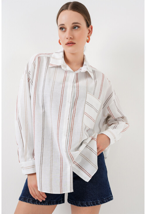 Kadın Çizgili Oversize Gömlek 20278