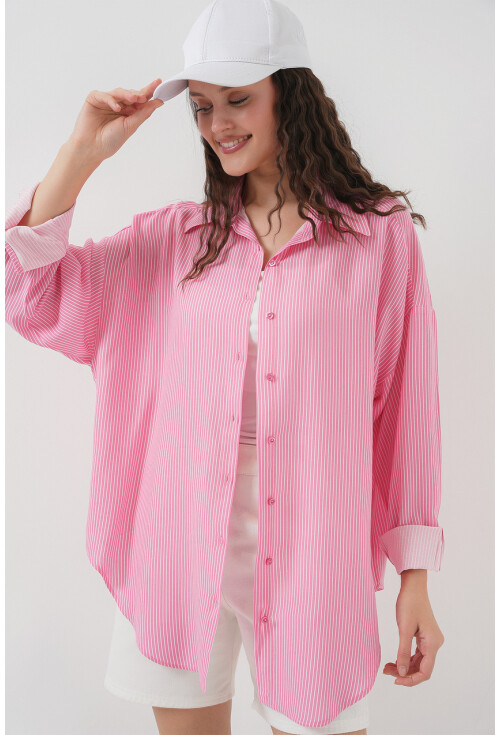 Kadın Çizgili Oversize Gömlek 20295