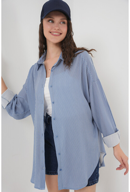 Kadın Çizgili Oversize Gömlek 20295
