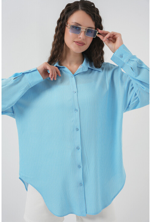Kadın Çizgili Oversize Gömlek 20295