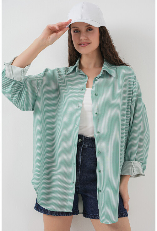 Kadın Çizgili Oversize Gömlek 20295