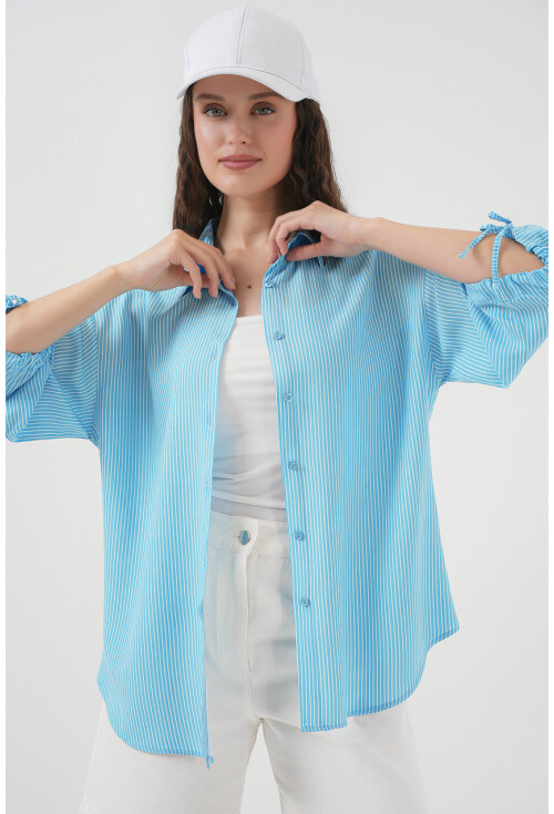 Kadın Çizgili Oversize Kısa Kol Gömlek 20296
