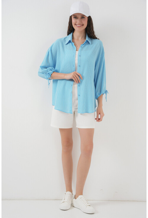 Kadın Çizgili Oversize Kısa Kol Gömlek 20296