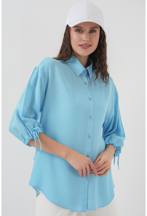 Kadın Çizgili Oversize Kısa Kol Gömlek 20296