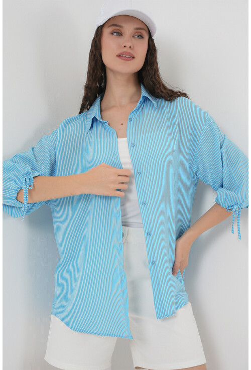 Kadın Çizgili Oversize Kısa Kol Gömlek 20296