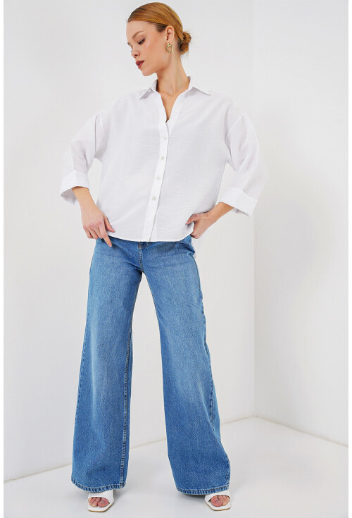 Kadın Oversize Kısa Kol Gömlek 20315