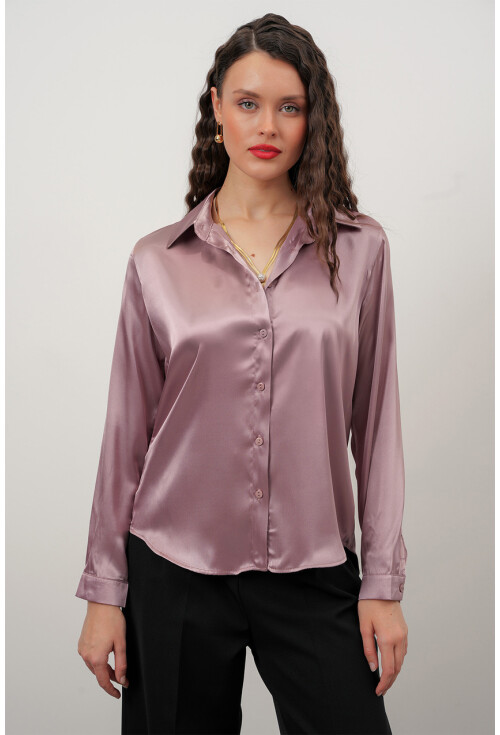 Kadın Gül Kurusu Saten Gömlek Geniş Beden Aralığı