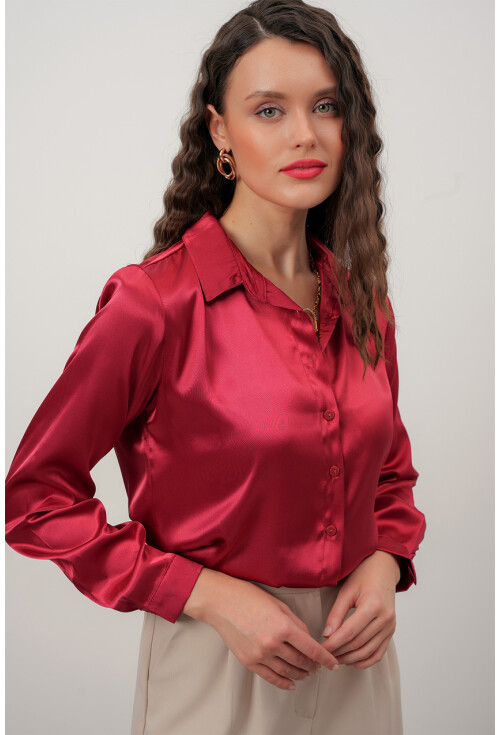 Kadın Bordo Saten Gömlek Geniş Beden Aralığı