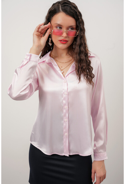 Kadın Pembe Saten Gömlek Geniş Beden Aralığı