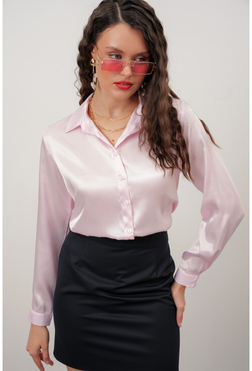 Kadın Pembe Saten Gömlek Geniş Beden Aralığı