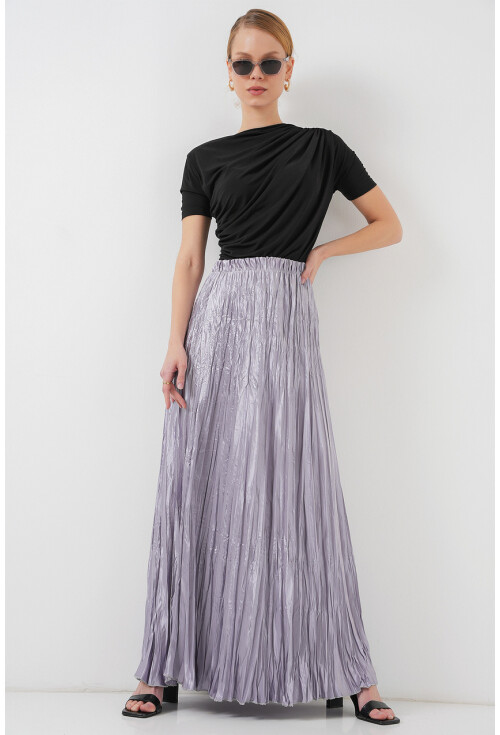 Kadın Uzun Kırışık Parlak Etek 8034