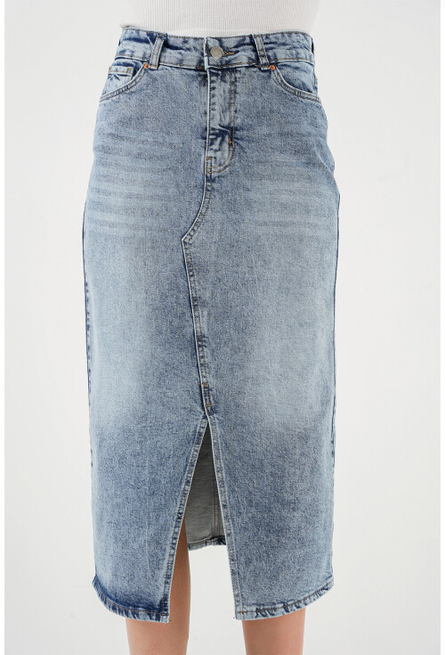 Kadın Yırtmaçlı Midi Kot Etek 8038