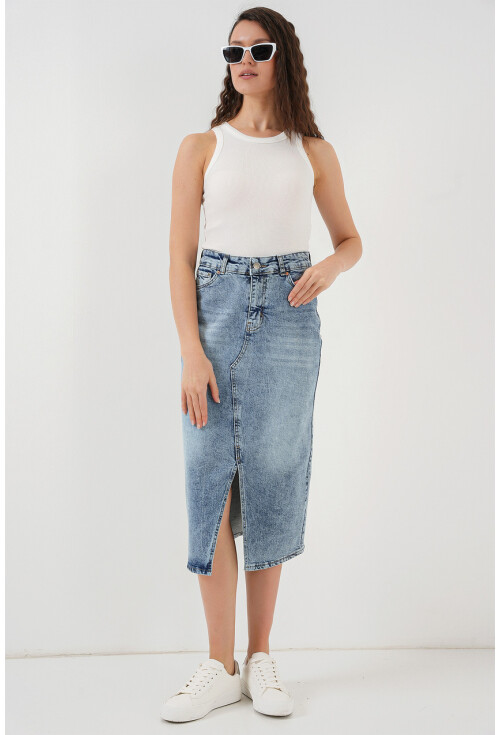 Kadın Yırtmaçlı Midi Kot Etek 8038