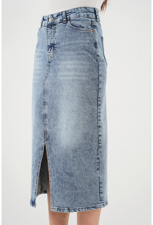 Kadın Yırtmaçlı Midi Kot Etek 8038