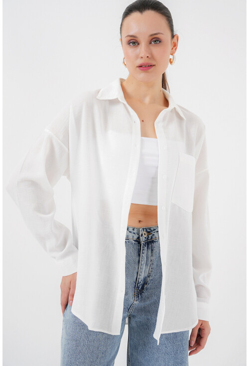 Kadın Tek Cepli Oversize Beyaz Keten Gömlek