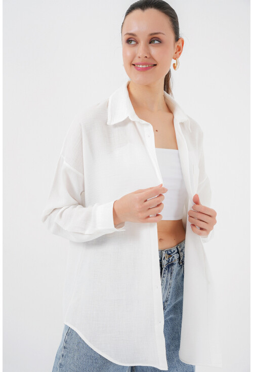 Kadın Tek Cepli Oversize Beyaz Keten Gömlek