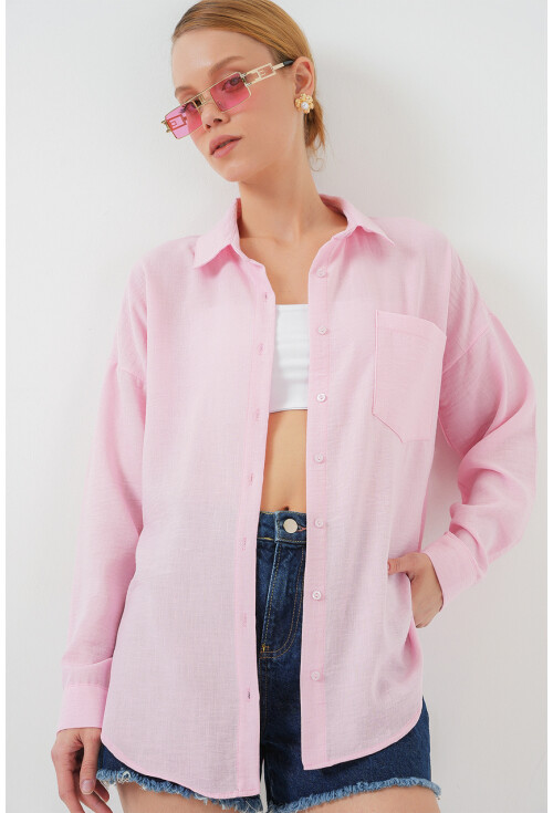 Kadın Tek Cepli Oversize Pembe Keten Gömlek