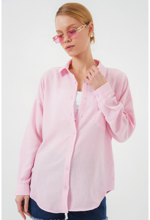 Kadın Tek Cepli Oversize Pembe Keten Gömlek