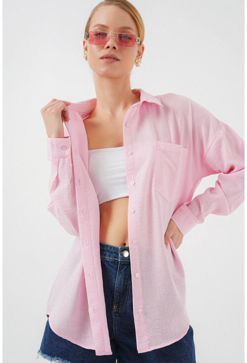 Kadın Tek Cepli Oversize Pembe Keten Gömlek