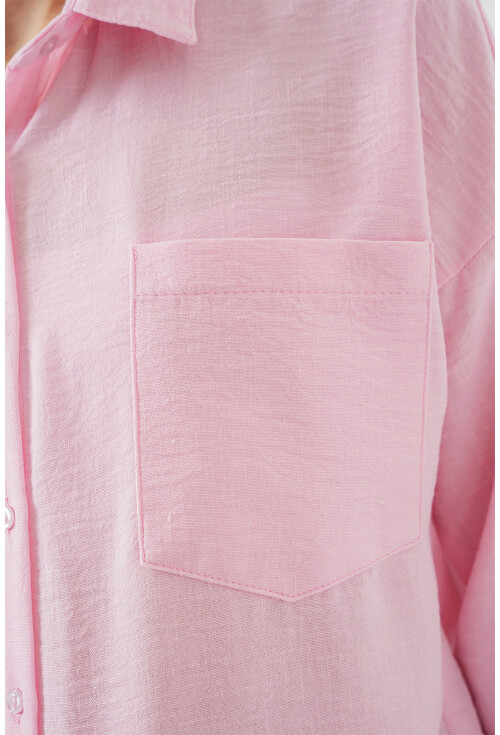 Kadın Tek Cepli Oversize Pembe Keten Gömlek