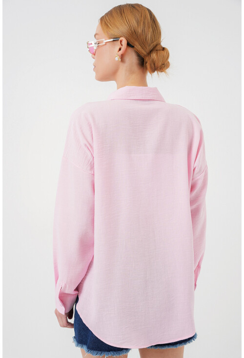 Kadın Tek Cepli Oversize Pembe Keten Gömlek