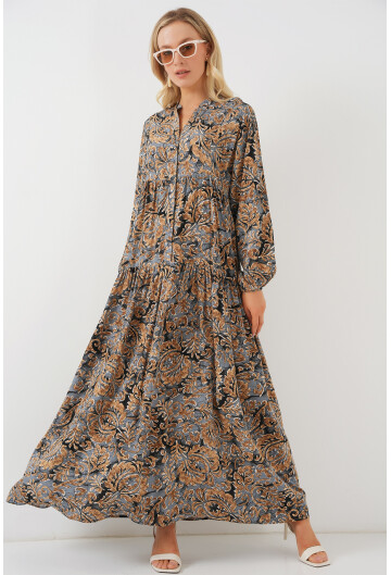 2423 Otantik Desenli Tesettür Elbise