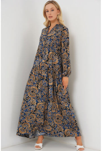 2423 Otantik Desenli Tesettür Elbise