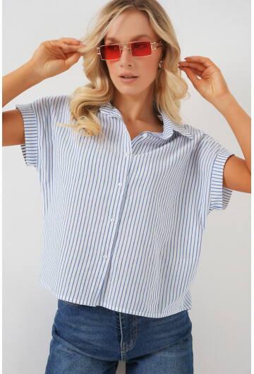 Kadın Çizgili Kısa Kol Gömlek 20324