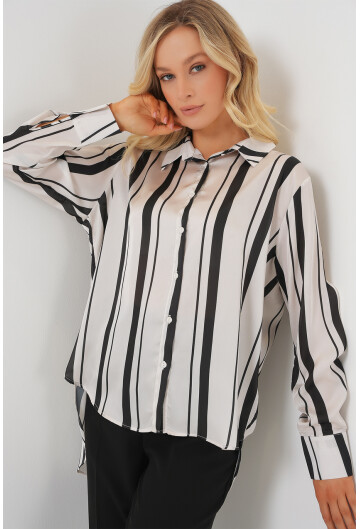 Kadın Çizgili Uzun Saten Gömlek 20291