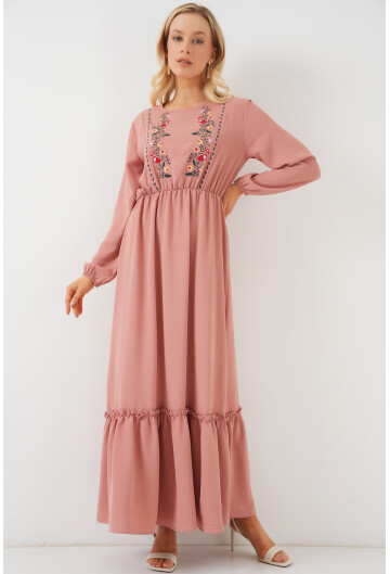 Kadın Nakışlı Uzun Tesettür Elbise 2550