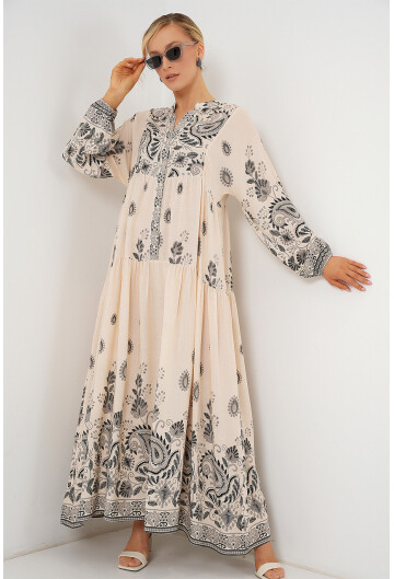 2423 Otantik Desenli Tesettür Elbise